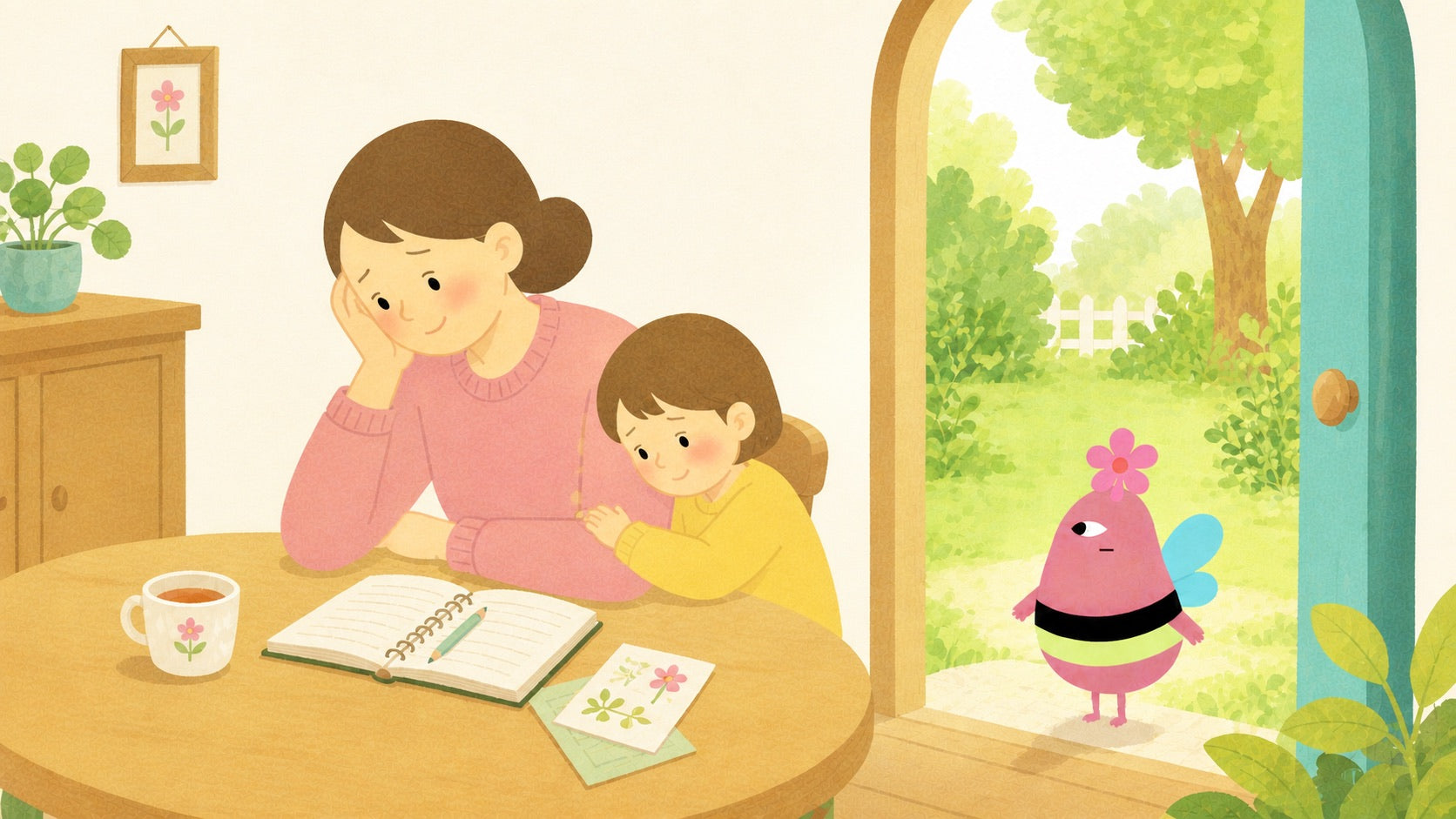 母親と子どものもとへ、ぽれんが訪ねてきた様子